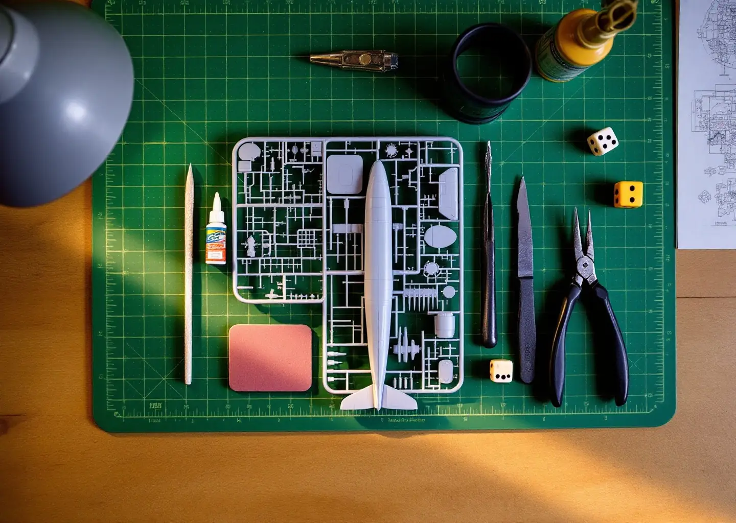 Overhead view of a cutting mat with a model sprue, tools and dice arranged for a build.