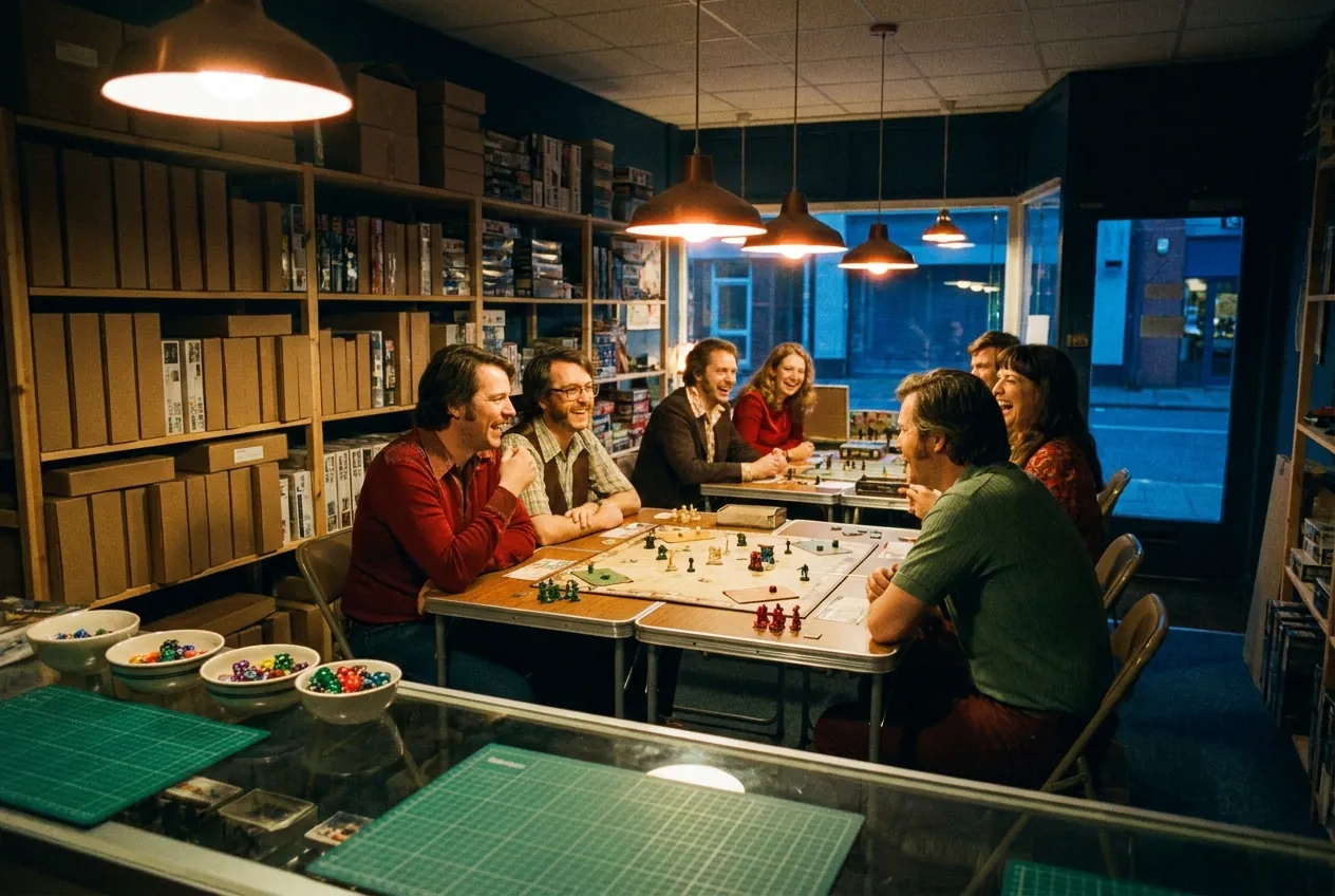 League night around the folding tables, the whole room laughing under pendant lamps.