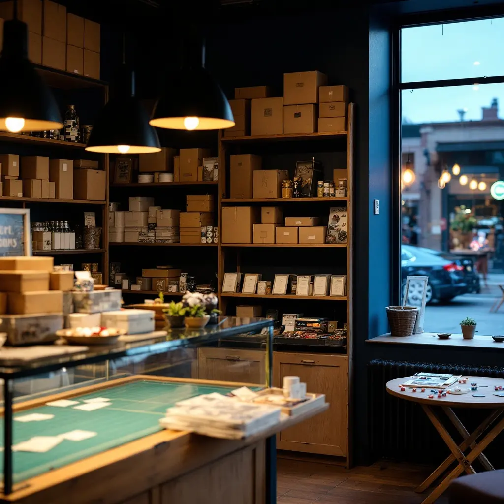The hold shelf behind the counter stacked with labelled boxes at dusk.