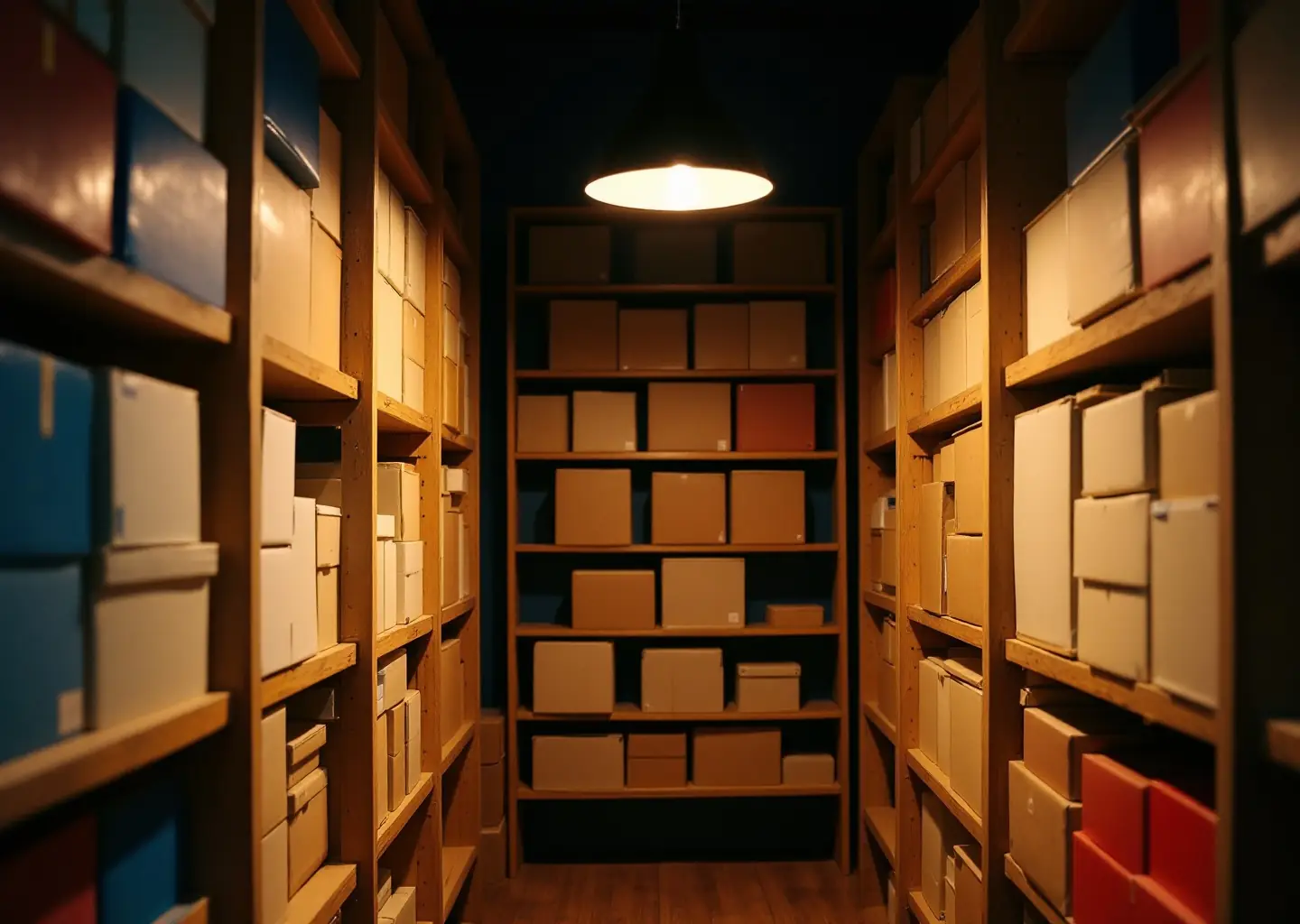 Aisles of kit boxes stacked to the ceiling under a warm pendant lamp.