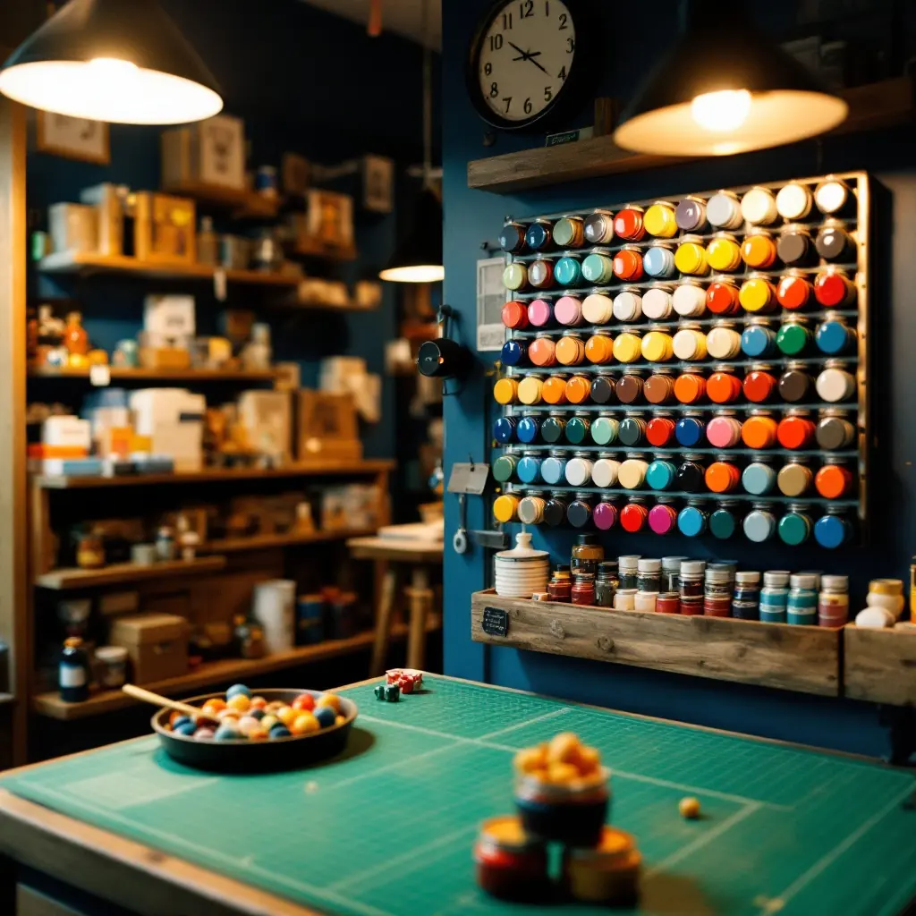 A wall rack of round paint pots arranged in colour order beside the cutting-mat table.