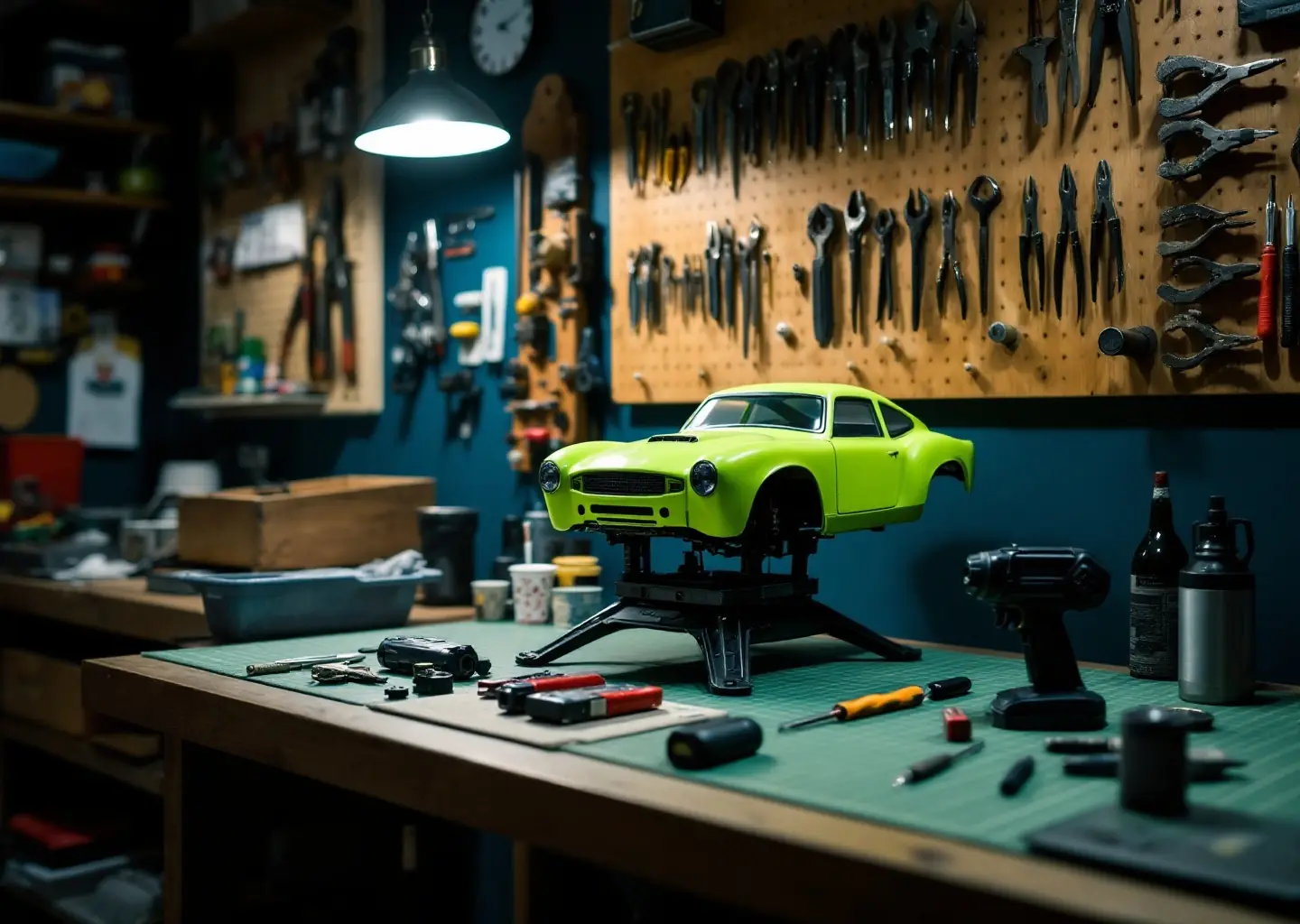 A bright fluoro radio-controlled car shell on a work stand at the tool bench.