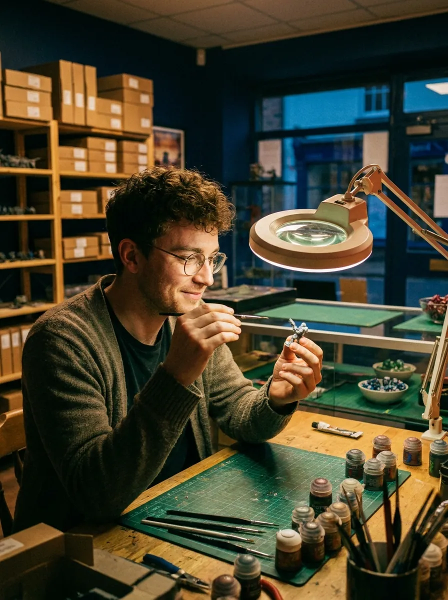Dev painting a miniature under a magnifier lamp at the workbench.