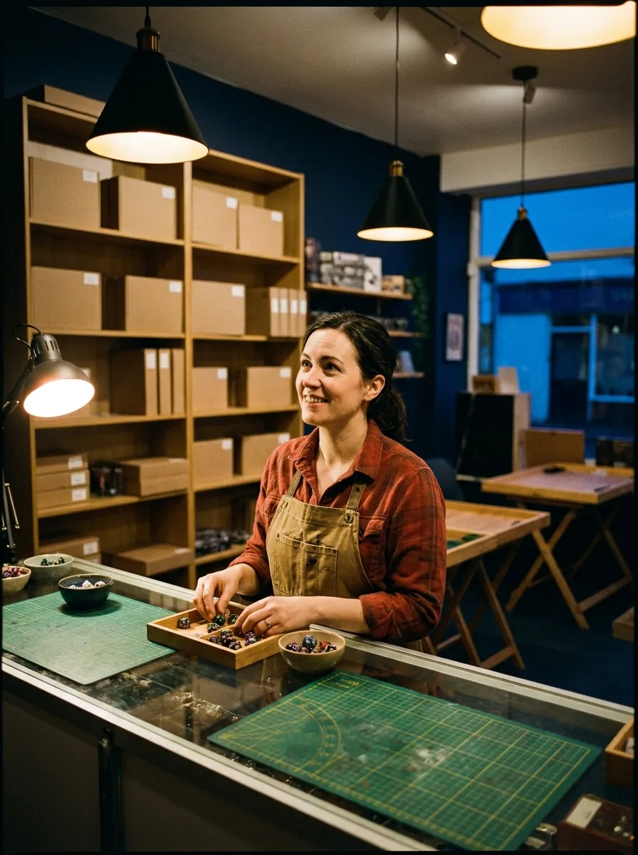 Marnie behind the glass counter, sorting dice into a wooden tray under a task lamp.
