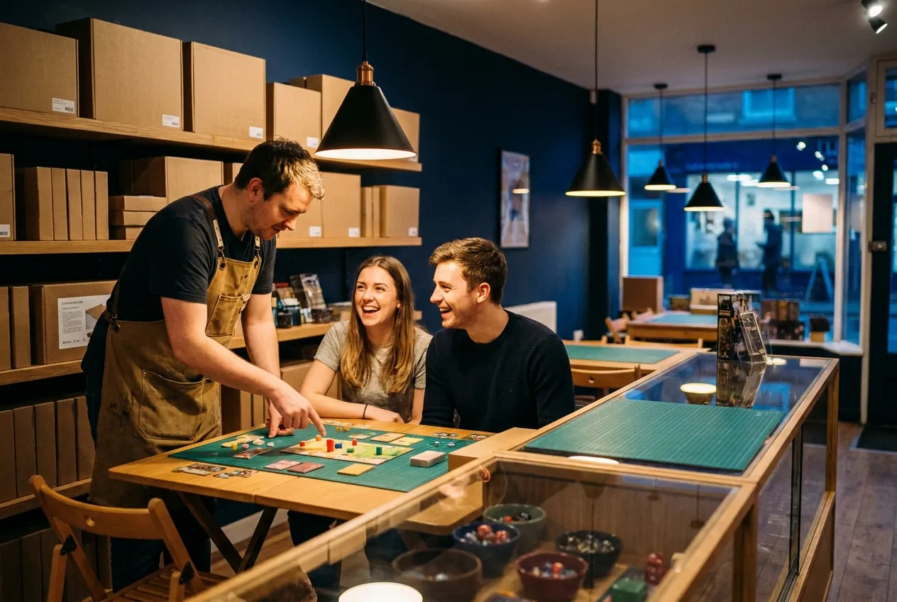 A staff member teaching a board game to two smiling first-timers at a shop table.
