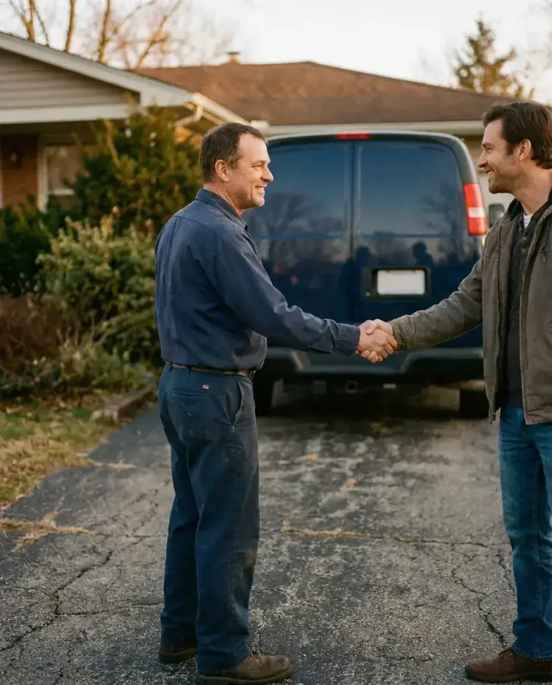 Technician and homeowner shaking hands on the driveway after a finished job
