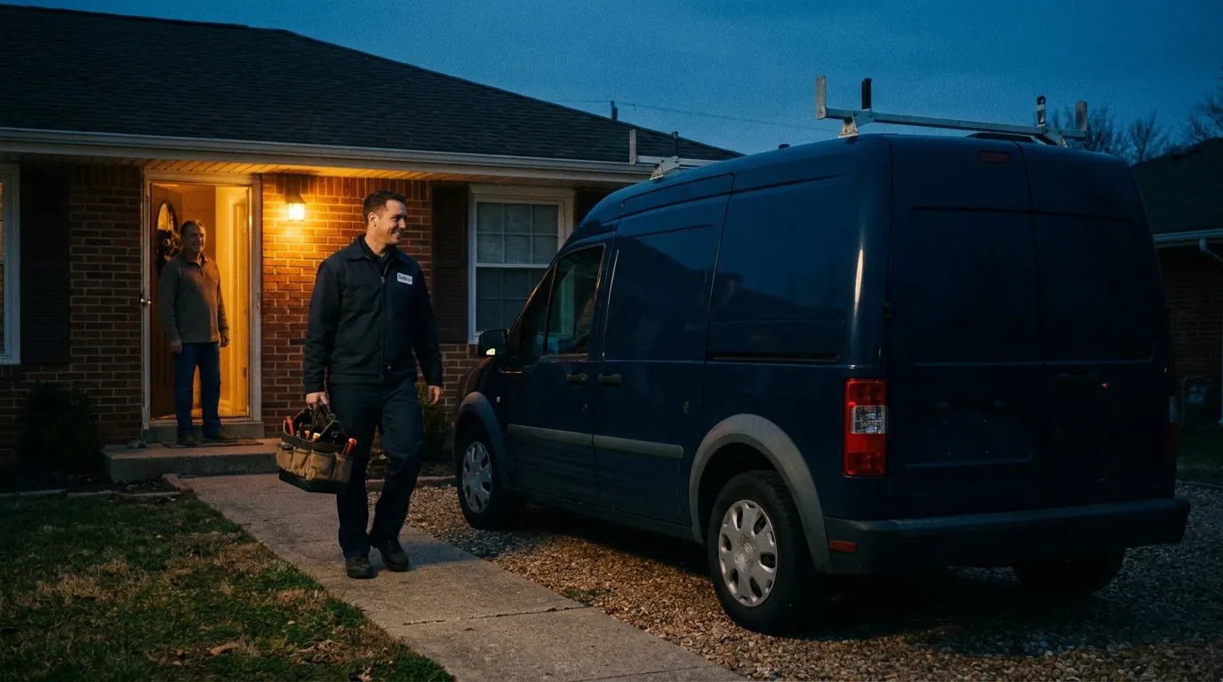 Fairbanks technician arriving at a front door at dusk, greeted by the homeowner, unmarked service van in the driveway