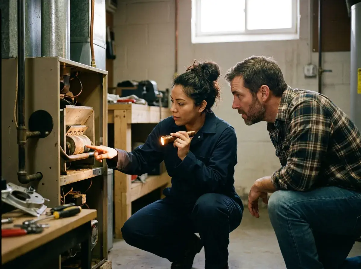 Fairbanks technician pointing out a worn furnace blower part to a homeowner during a maintenance visit
