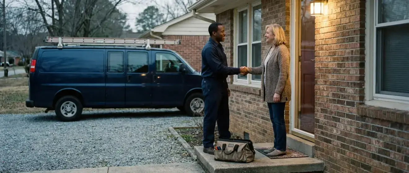Fairbanks technician shaking hands with a homeowner at her front door at dusk, unmarked service van in the driveway behind them