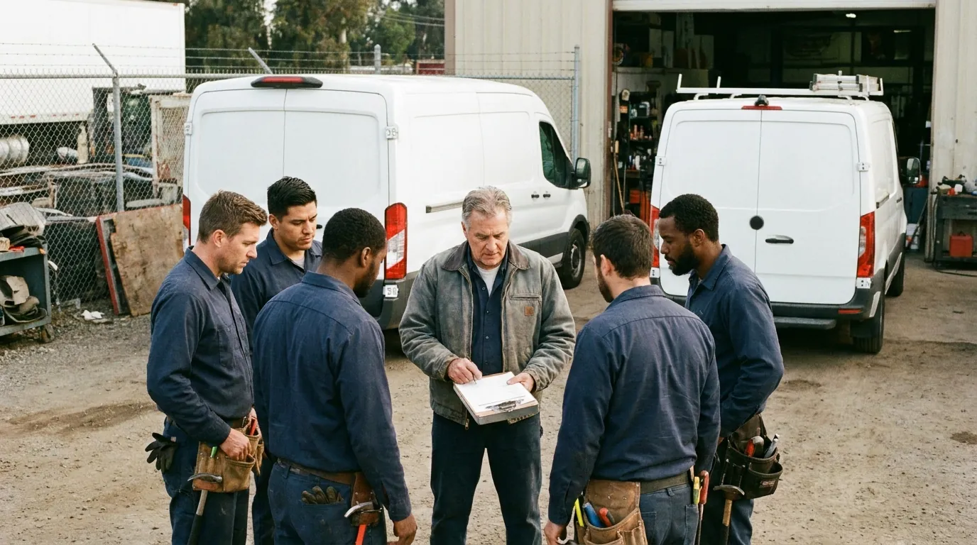 Fairbanks technicians gathered around the shift briefing at the service yard, two unmarked vans behind them