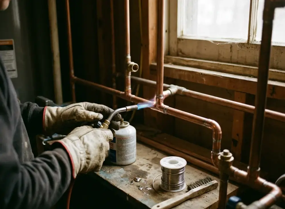 Plumber's gloved hands sweat-soldering a copper pipe joint with a torch