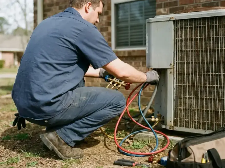 Technician crouched beside an outdoor condenser unit, connecting refrigerant manifold gauges