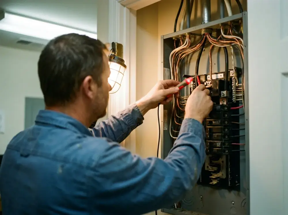 Electrician checking a residential breaker panel with a voltage tester