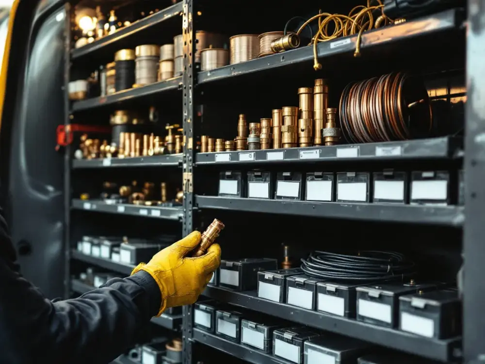 Organized parts shelving inside a service van, a gloved hand picking a brass fitting