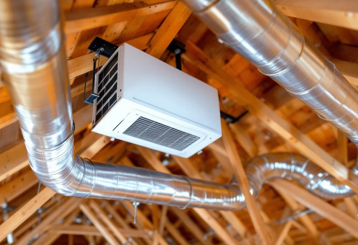 Tidy ducted installation in a roof space, straight insulated runs from a suspended fan coil