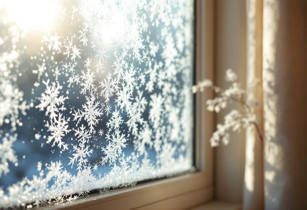Frost crystal patterns across window glass in glacier-blue light