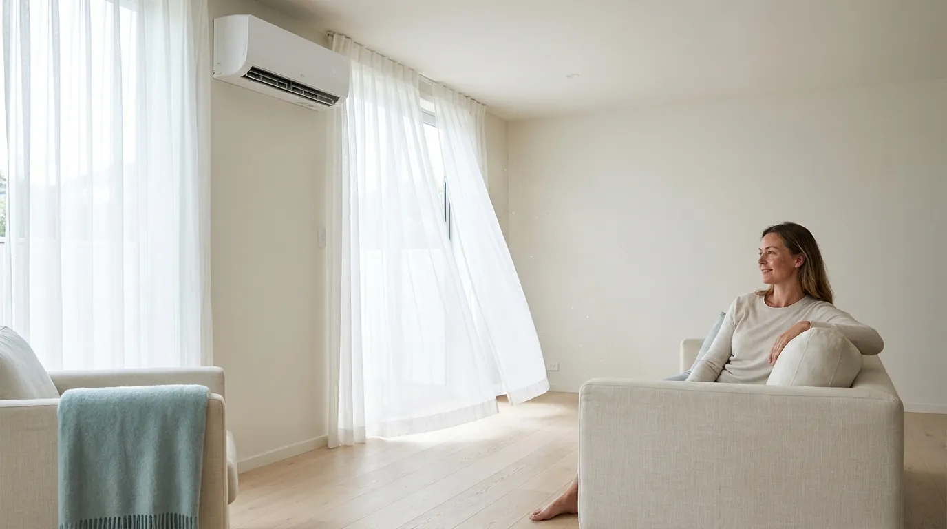 Sheer curtains lifting in cooled air beside a wall-mounted unit in a bright living room