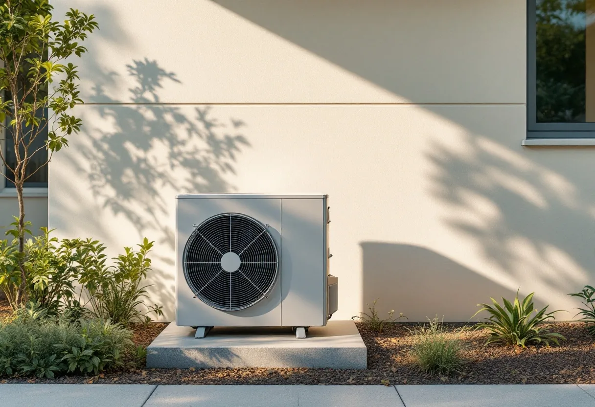 A single neat outdoor unit on a pad beside a garden bed