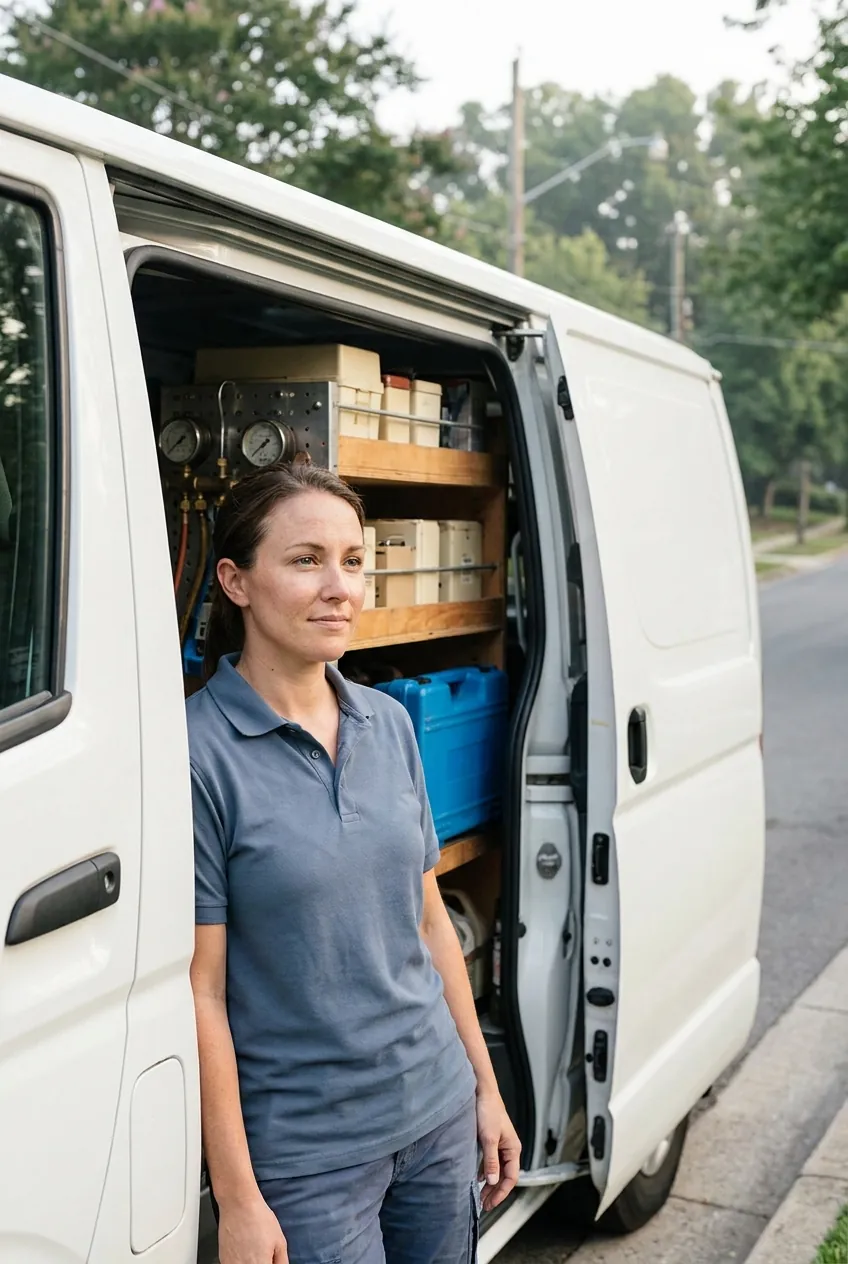 Lead cooling technician Elena Marsh beside the Airlume van