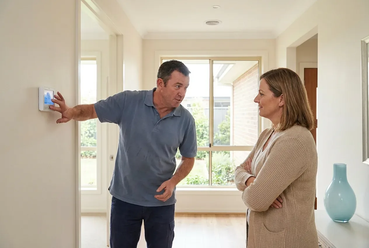An Airlume technician walking a homeowner through the wall thermostat