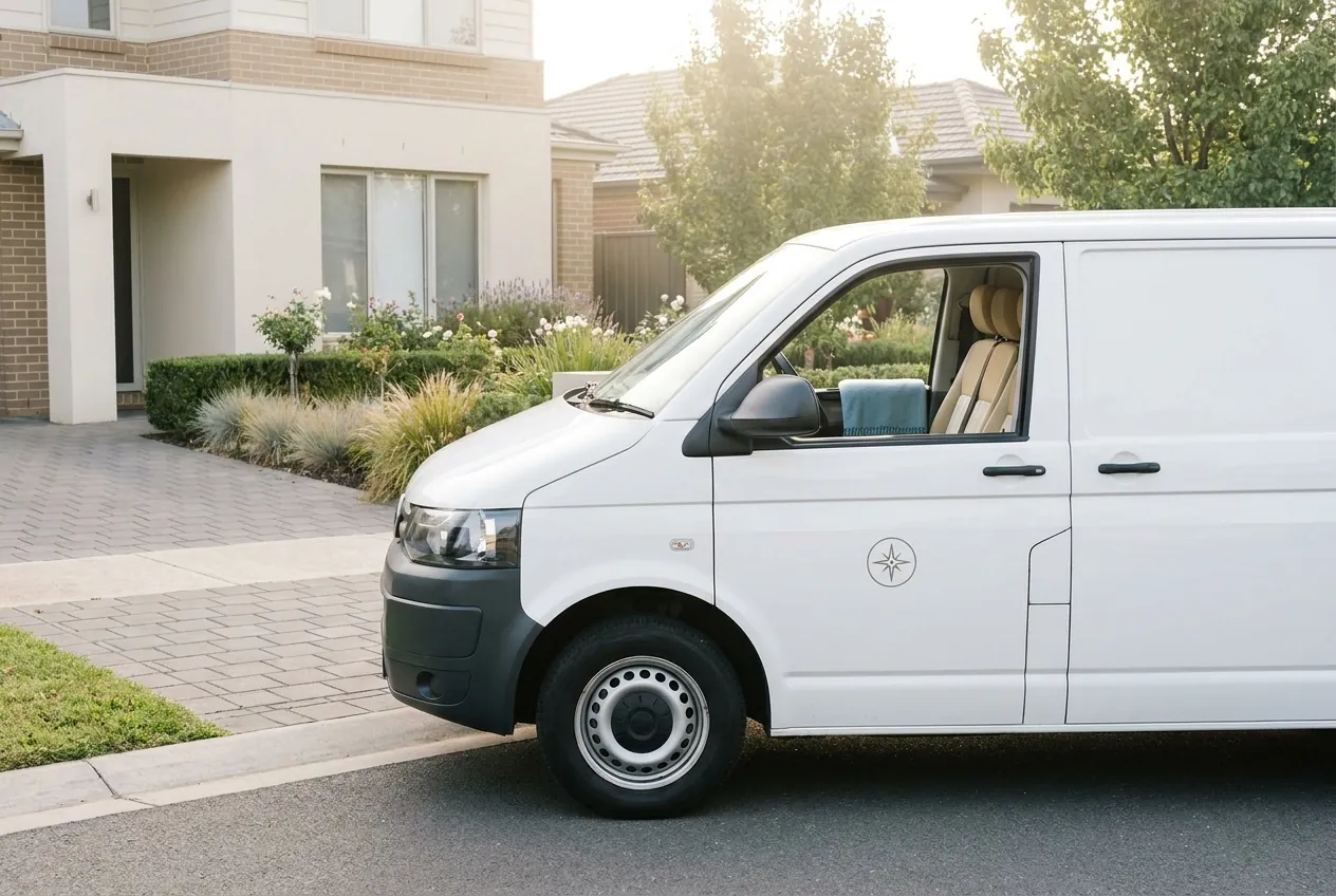 The white Airlume van at the kerb outside a client's home
