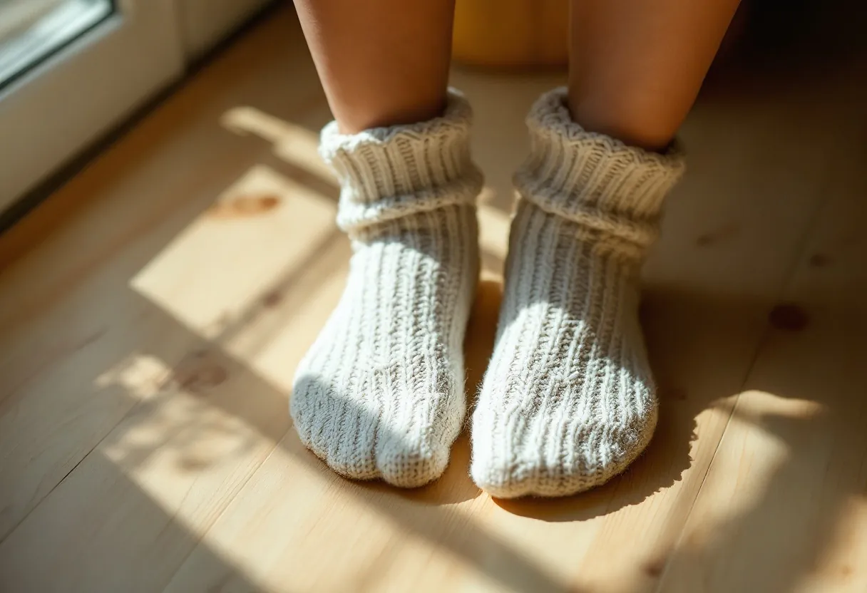 Wool socks on warm timber floorboards in morning sun