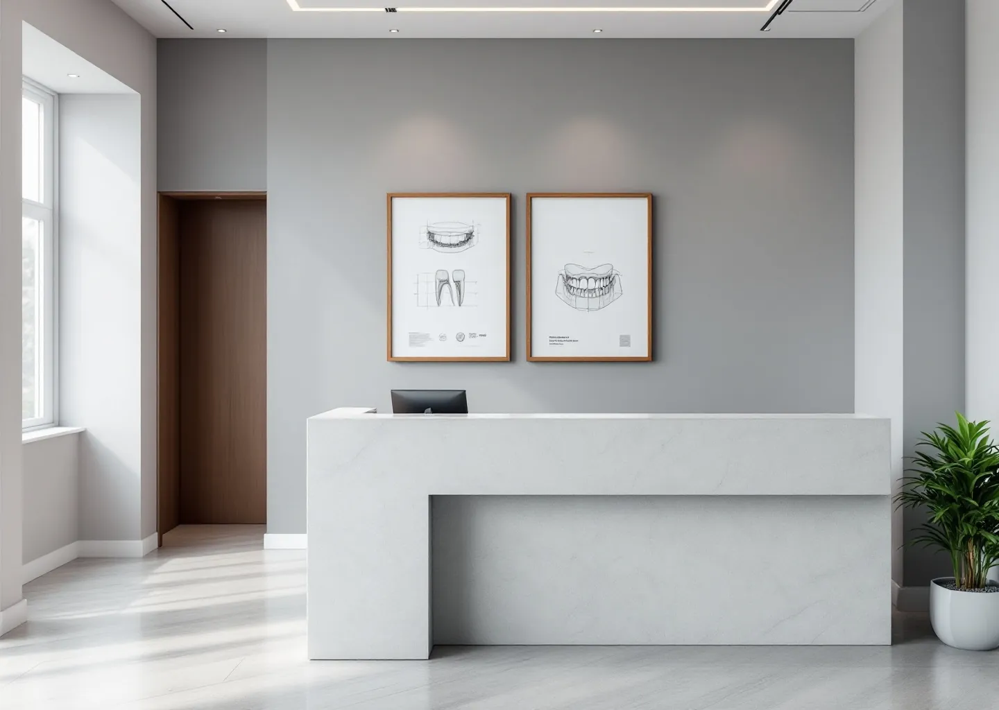 The reception and corridor of Archbourne Implant Clinic in porcelain tones