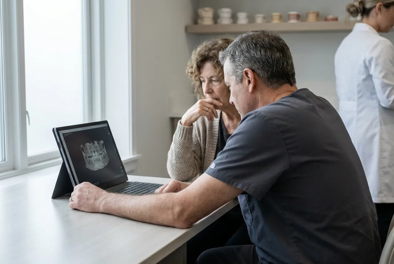 A surgeon reviewing a 3D scan on screen with a patient during a consultation