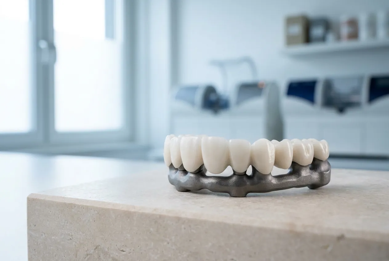 A milled zirconia full-arch bridge seated on a titanium bar on the laboratory bench