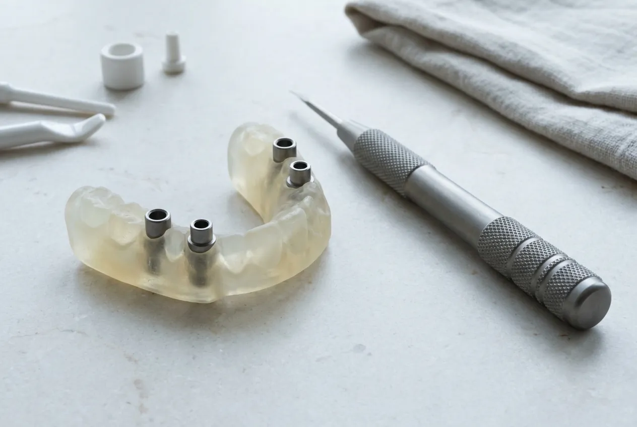 A printed surgical guide and implant planning model on the planning bench