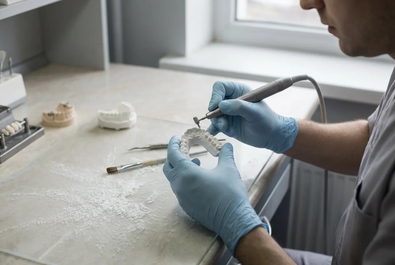 A master technician hand-finishing a milled zirconia arch under laboratory lighting