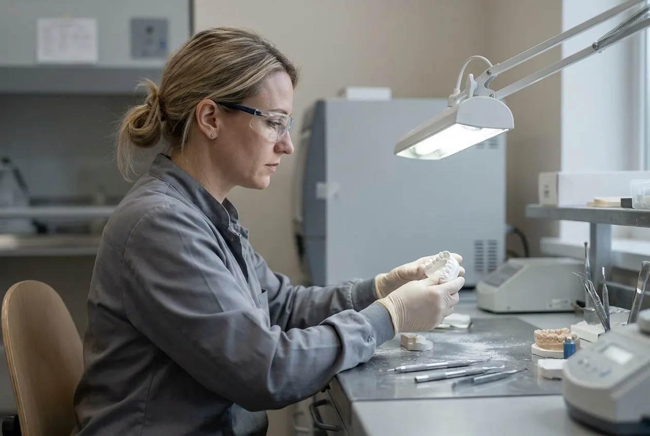Ilse Vos, master dental technician, at the milling bench