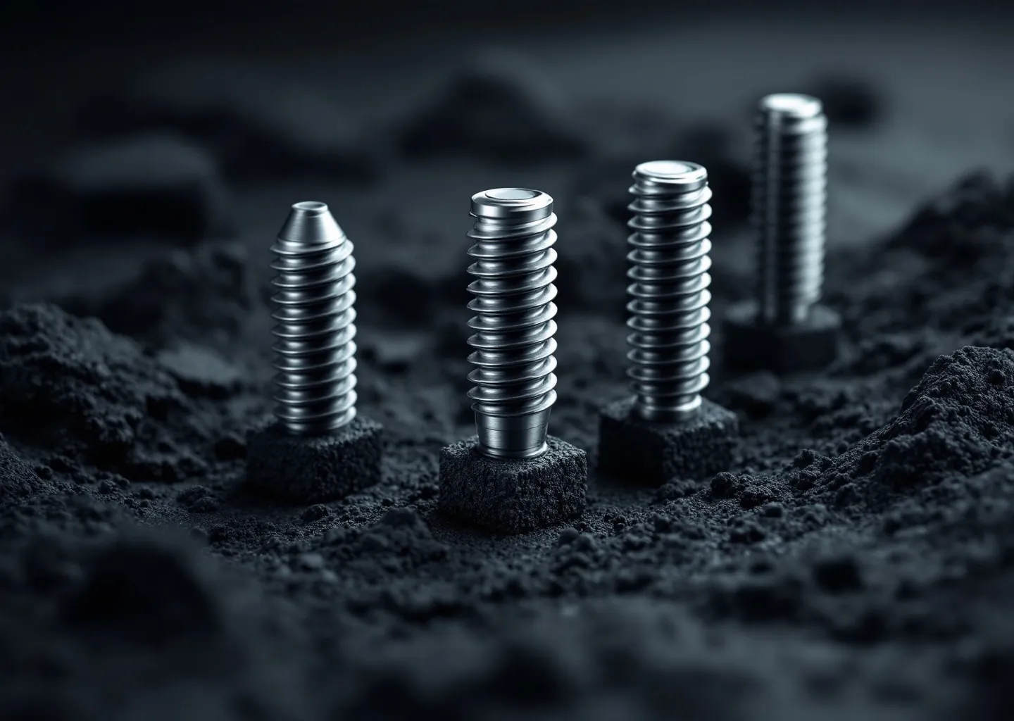 Macro photograph of a titanium implant fixture showing its machined thread