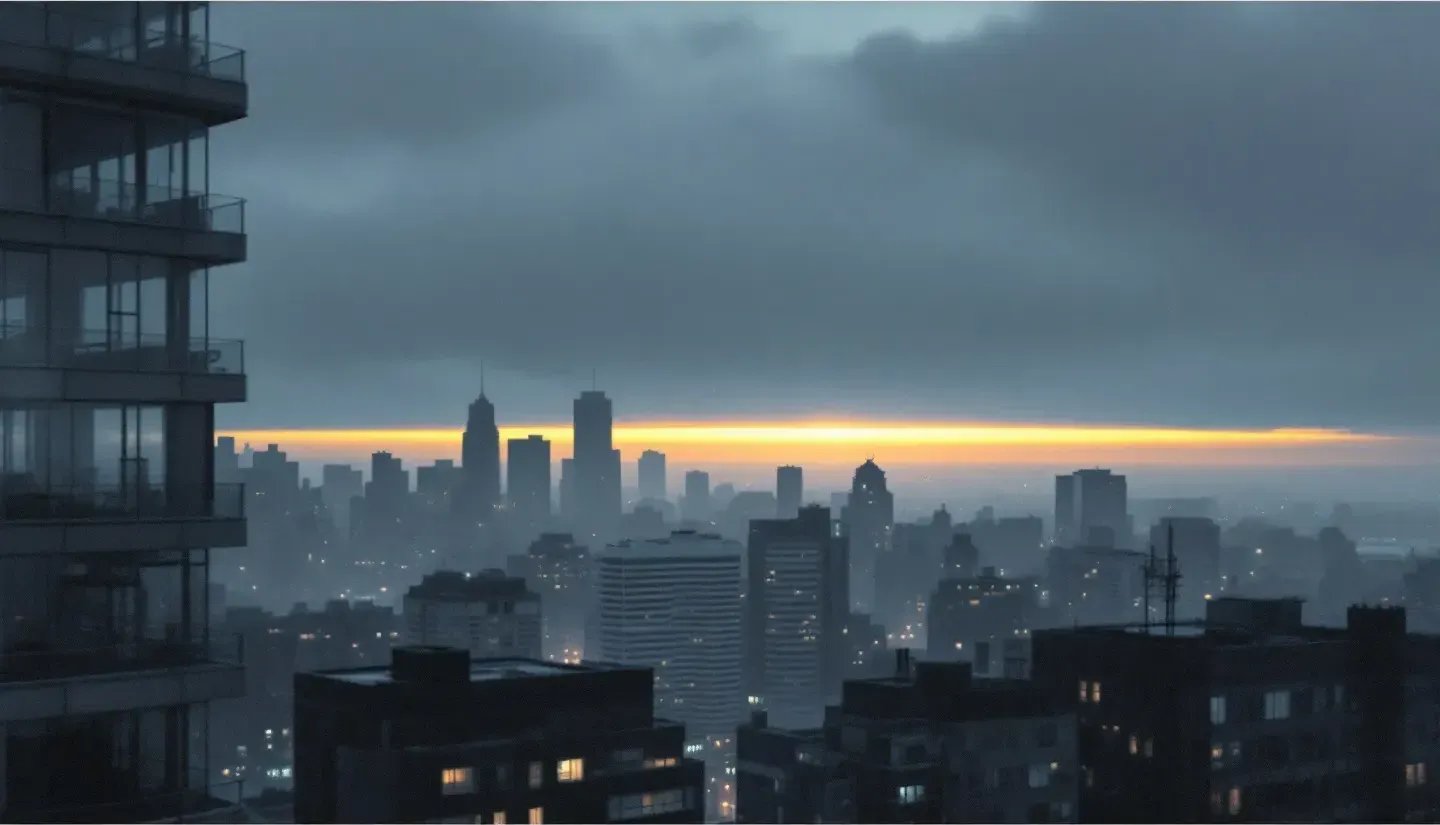 City skyline at first light, printed in black and white