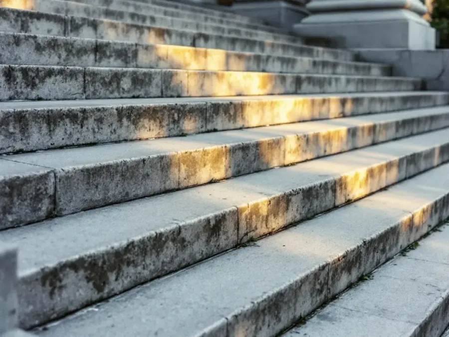 Worn granite courthouse steps in raking morning light