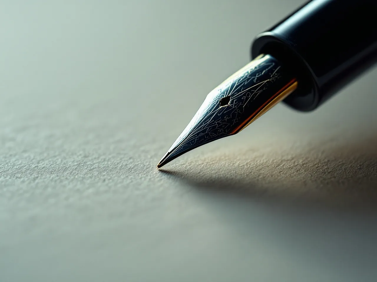 Fountain pen nib resting on heavy bond paper