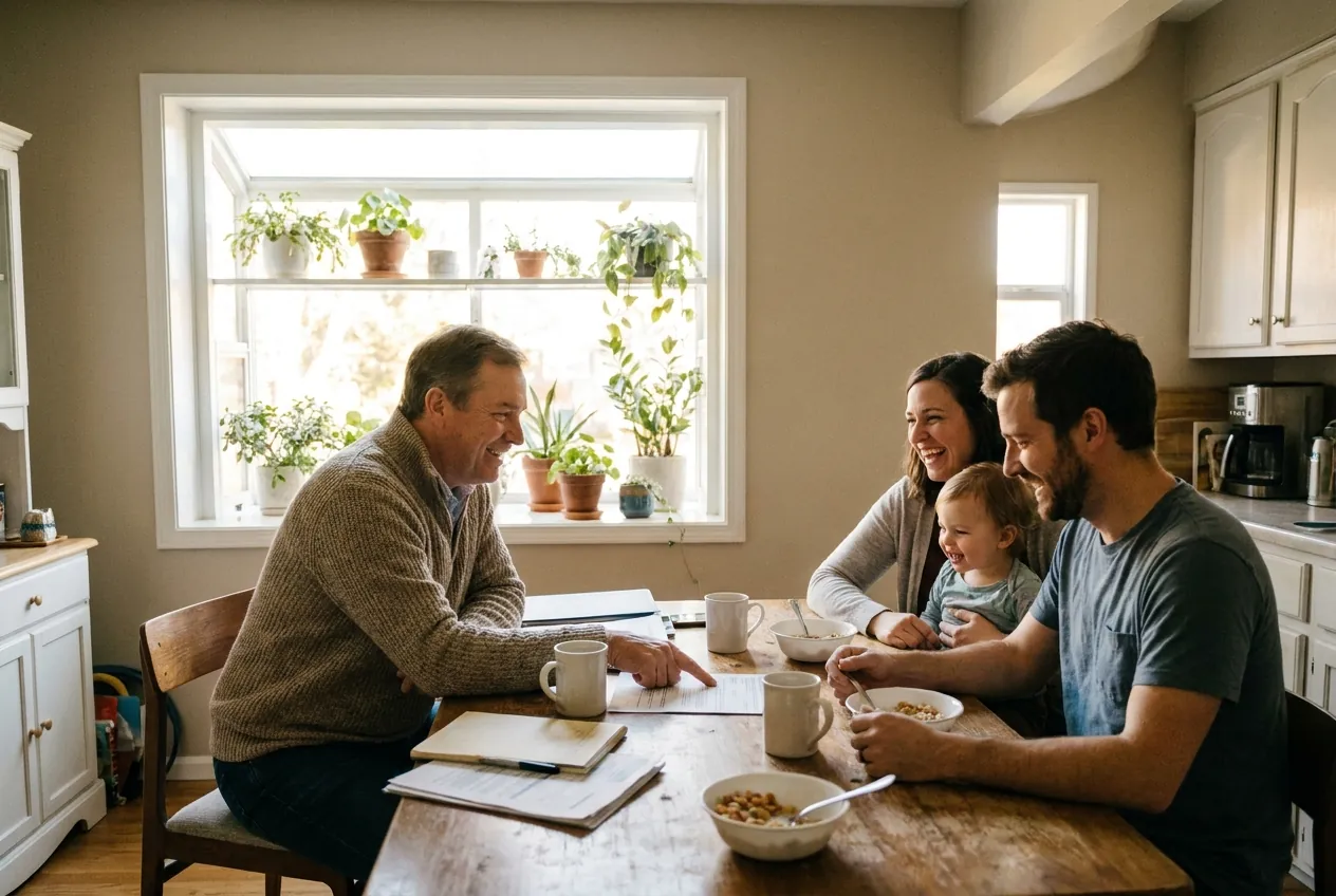 A Hearth & Harbor agent talking a family through a policy at their kitchen table