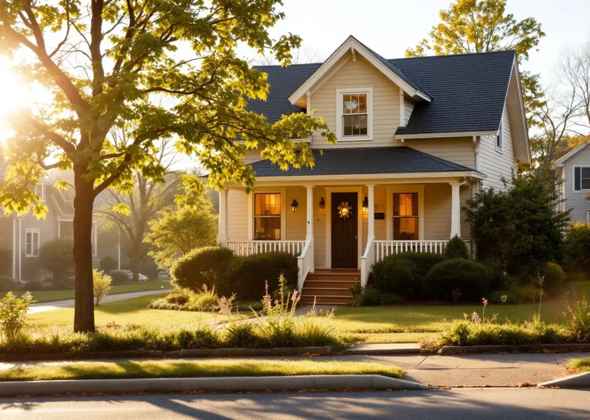 A well-kept craftsman house with a porch in golden morning light