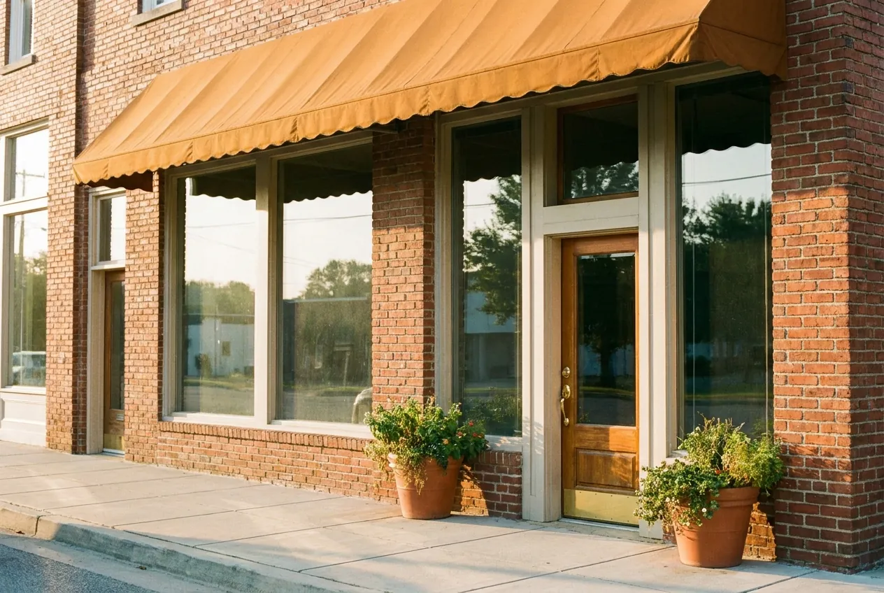 The Hearth & Harbor office on Harbor Street — red brick, amber awning, morning light