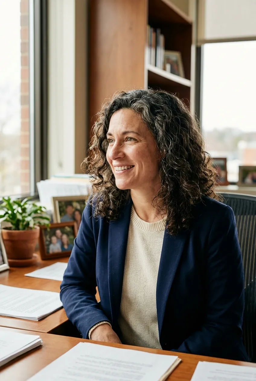 Ellen Hartley, principal agent, at her desk by the office window