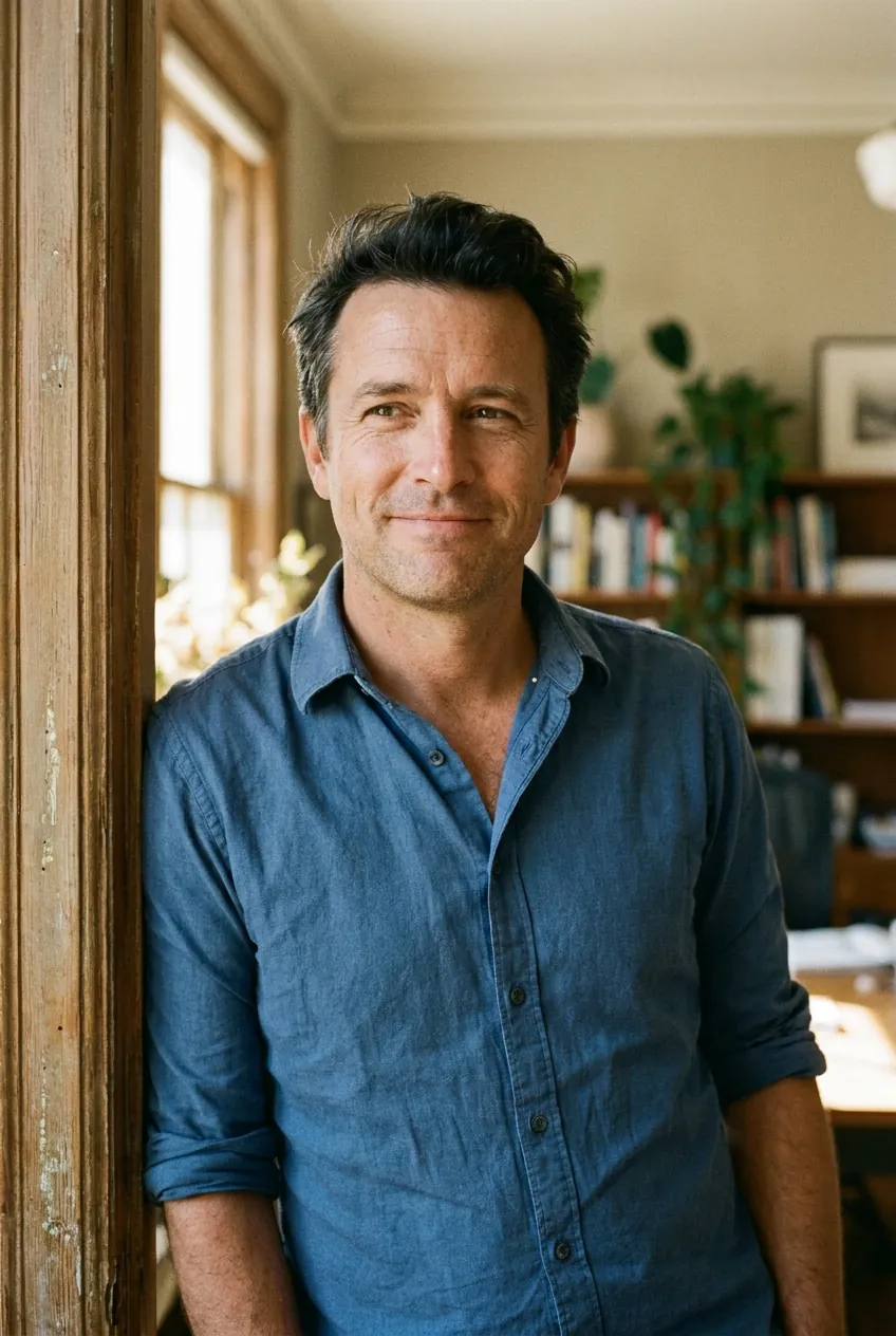 Marcus Hartley, commercial lines lead, leaning on the office doorframe