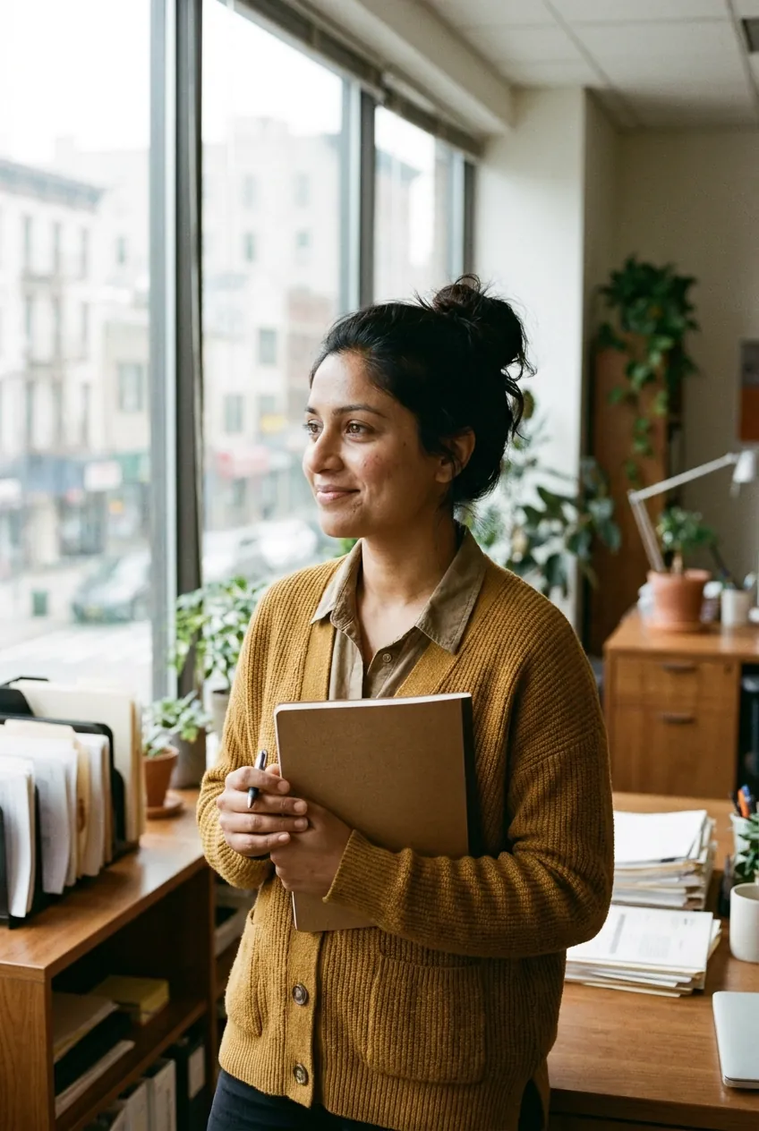 Priya Nair, claims advocate, standing by a bright office window with a notebook