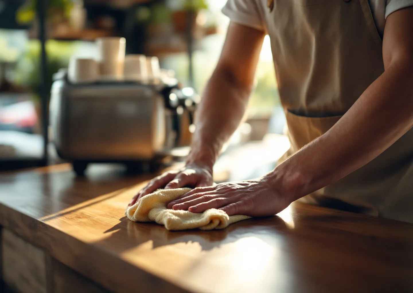 A shop owner in an apron wiping down the counter at opening time