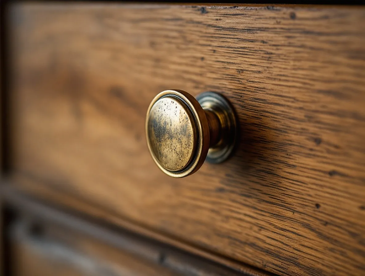 An unlacquered brass pull on a fumed oak drawer, close up