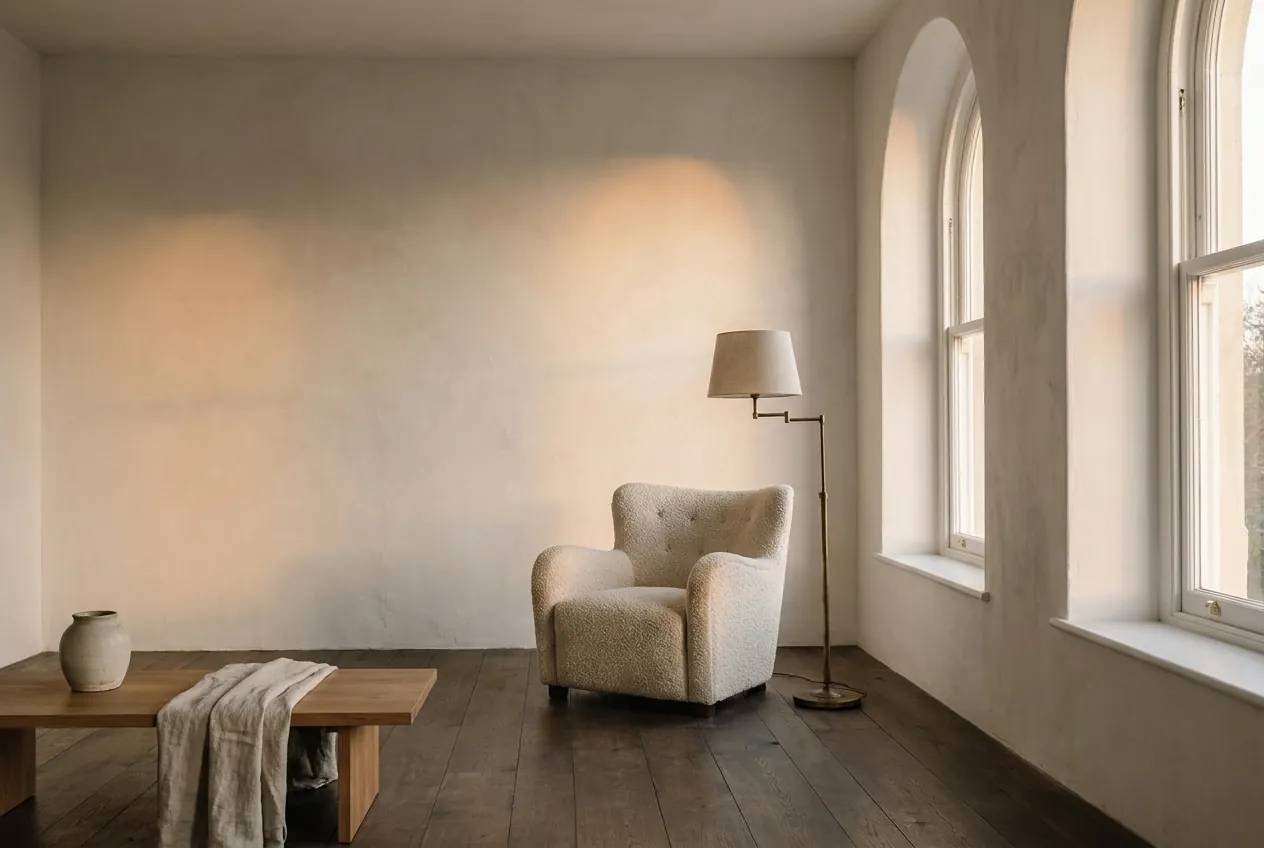 Limewashed living room in low afternoon sun, a cream boucle armchair on dark fumed oak boards