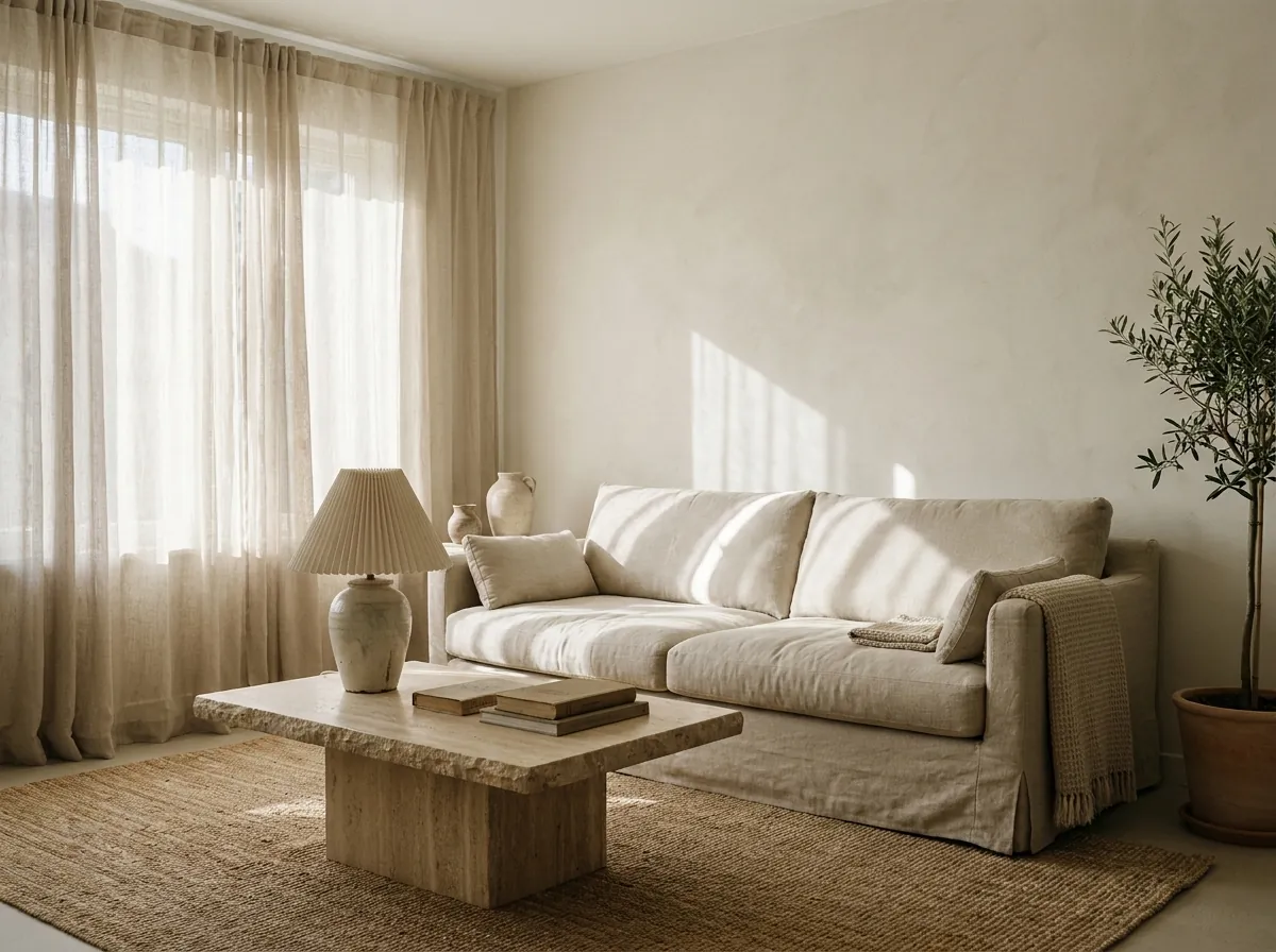 Ferry Street apartment: a pale flax linen sofa in flat morning light