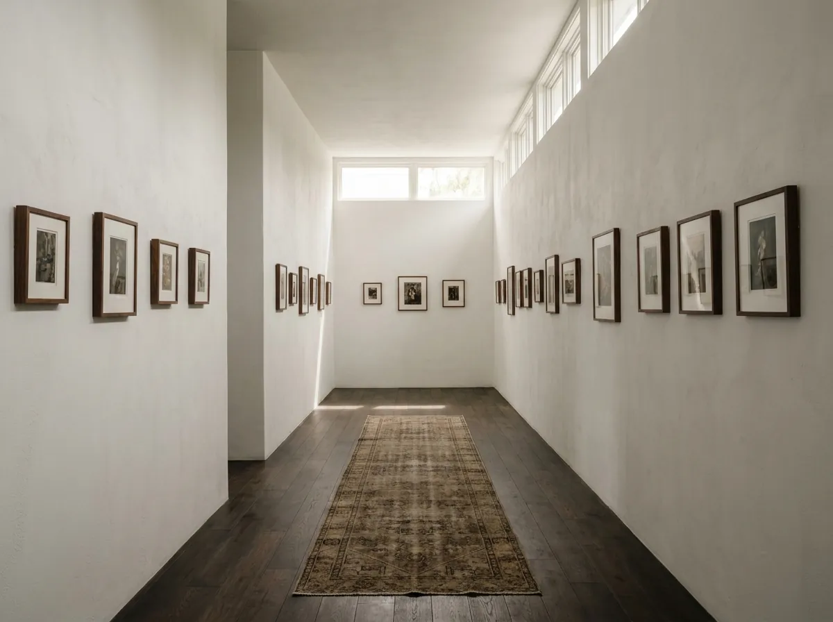 The Long Gallery: a long fumed-oak floor, chalk-white walls, a madder-red wool runner