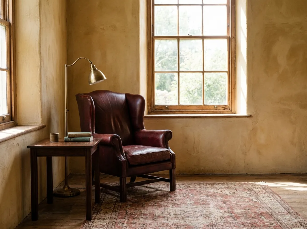 The Garnet House living room: an oxblood leather chair on limewash plaster, fumed oak floor