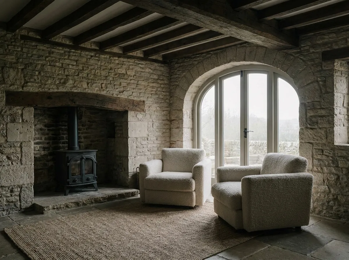 Whitstone Barn: a honed limestone floor, oak beams, cream boucle seating