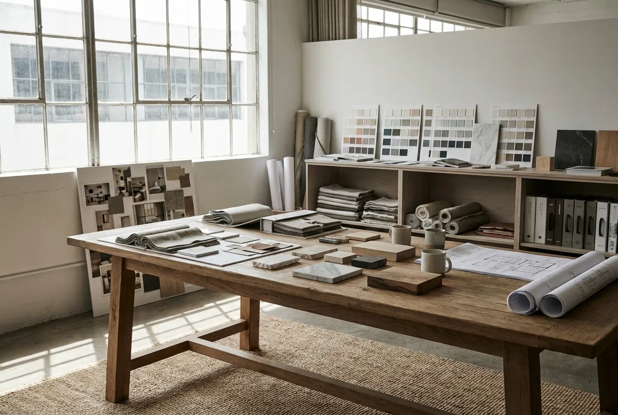 The studio at 14 Rope Walk: a sample library and scheme boards in daylight